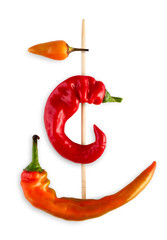 Different sorts of chili peppers isolated on white background