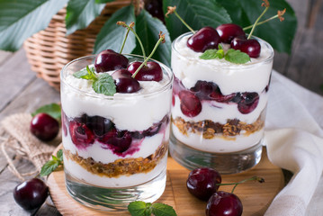 Cherry yoghurt in glass