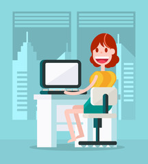 Young Girl Working in the Office with a Laptop in the Office. Isolated Flat Vector Illustration.