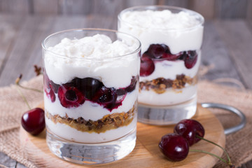 Yogurt, oatmeal and berries in a glass