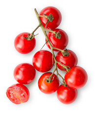 Ripe red cherry tomatoes branch isolated on white background
