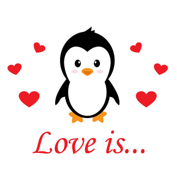 cartoon cute penguin with heart vector and text 