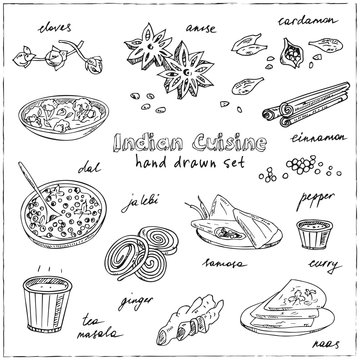 Vector hand drawn set of Indian cuisine. traditional spicy flavored dishes, desserts, beverages.