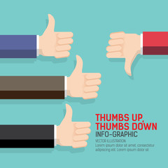 Thumbs up and thumbs down flat illustration. Good choice and poor choice. Flat design concept. Use for business, marketing, creative, web design and graphics. Vector, Background.
