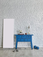 vintage blue desk and frame brick wall style