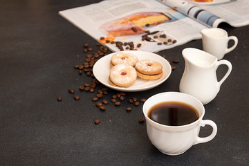 Coffee break. Morning breakfast. Cup of coffee and cookies