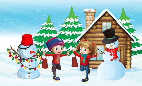 Two kids and snowman in front of cabin house