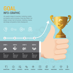 Info-graphy thumb up concept. Businessman hand thumb up with trophy. Use for business, marketing, creative, web design and graphics. Vector, Background.