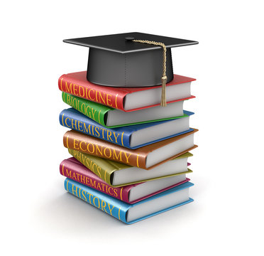 Graduation cap and Stack of textbooks. Image with clipping path
