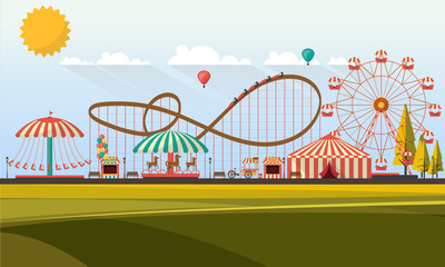 Flat illustration of amusement park at daytime illustration

