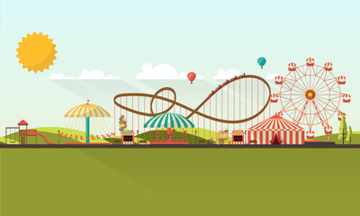 Flat illustration of amusement park at daytime illustration

