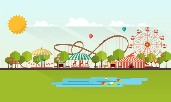 Flat illustration of amusement park at daytime illustration


