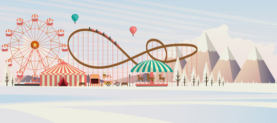Flat illustration of amusement park at daytime in winter illustration

