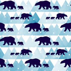 Cute seamless pattern with winter polar bear. Mother and her child. Watercolor mountains in the background. Cute children pattern. Perfect for background paper or textiles. - 132823734