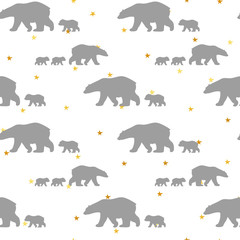 Cute seamless pattern with winter polar bear and confetti golden stars. Mother and her child. Cute children pattern. Perfect for background paper or textiles.