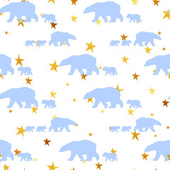 Cute seamless pattern with winter polar bear and confetti golden stars. Mother and her child. Cute children pattern. Perfect for background paper or textiles.