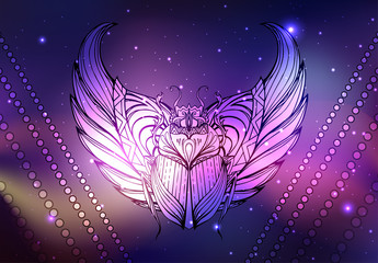 Vector neon illustration of scarab with wings, background space with stars and nebula. Spiritual, magical illustration for your creativity