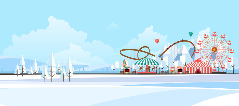 Flat illustration of amusement park at daytime in winter illustration

