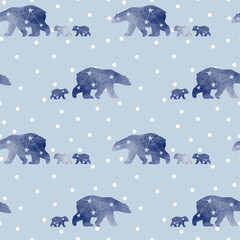 Cute seamless pattern with watercolor winter polar bear and snowflakes. Mother and her child. Constellation bears. Cute children pattern. Perfect for background paper or textiles.