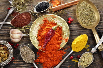 Various colorful spices on a wooden board. View from above
