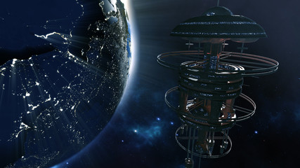 3d rendering. Powerful spacestation with city lighted earth globe © fredmantel