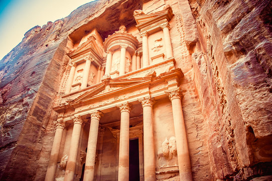 Al Khazneh - treasury, ancient city of Petra, Jordan. Wadi Rum