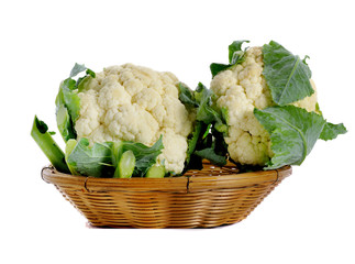 fresh cauliflower in basket isolated on white background