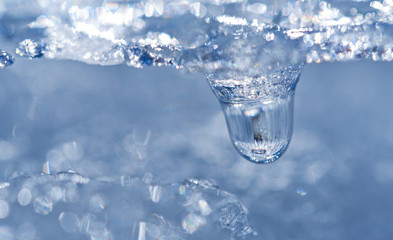 Spring snow melting, macro photo.