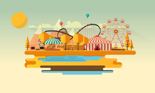 Amusement park at autumn daytime flat illustration

