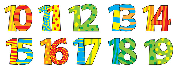 Nice colorful cartoon numbers set for children 10-19