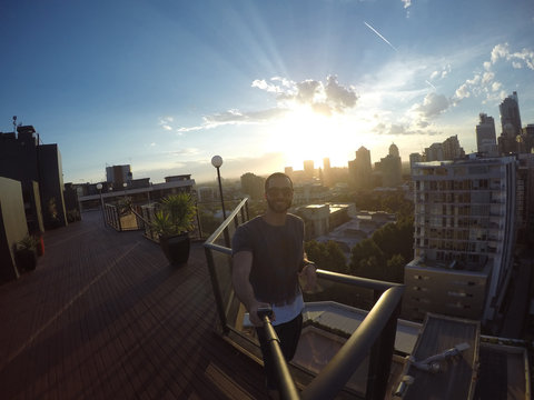 Man Taking A Selfie With Sydney Skyline On Background, Australia