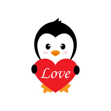 cartoon cute penguin with heart and text