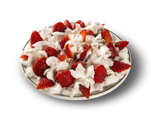 Strawberry with chantilly cream in a dish in white background