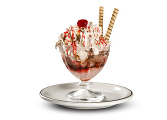 Ice cream with strawberries cream and chantilly