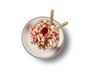 Ice cream with strawberries cream and chantilly