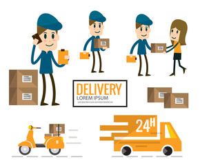 Delivery man in blue uniform post.cargo transportation. flat design vector