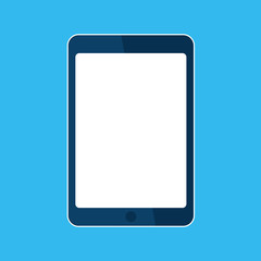 Tablet computer icon. Template vertical blank white screen, mock up. Device isolated on blue. Vector cartoon flat illustration for web site, app, UI