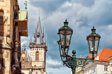 Fototapeta na wymiar Lanterns on a background of the tower in Prague