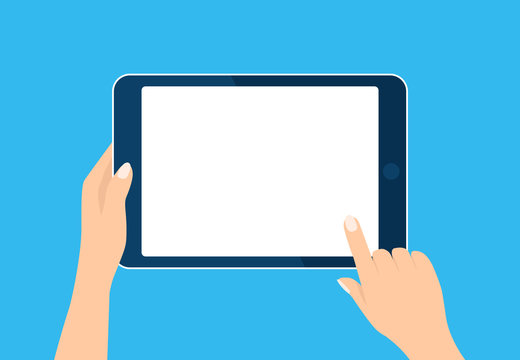 Tablet computer icon. Hand holding and toch device. Template horizontal blank white screen, mock up. Sign isolated on blue. Vector cartoon flat illustration for web site, app, UI