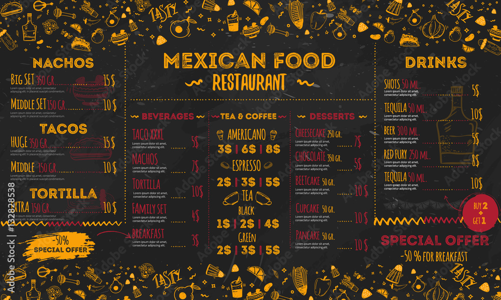 Wall mural Mexican Food Restaurant menu, template design. flyer for promotion, site banner