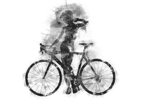 Naked woman with a bicycle. Charcoal graphics