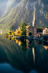 Fototapeta premium Hallstatt town in morning sun rays, Salzkammergut, Austria