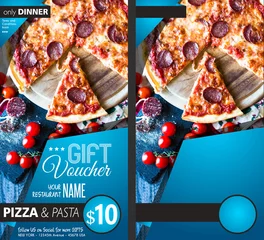 Sheer curtains Pizzeria Restaurant Gift voucher flyer template with delicious taste pepperoni cheese pizza and space for your text.