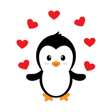 cartoon cute penguin with hearts vector