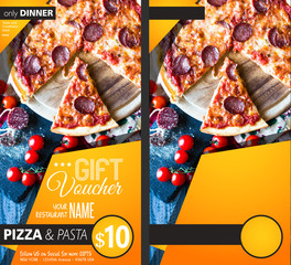 Modèle de flyer de bon cadeau de restaurant avec une délicieuse pizza au fromage pepperoni et un espace pour votre texte.