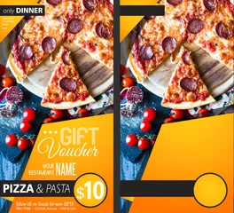 Fototapete Pizzeria Restaurant-Geschenkgutschein-Flyer-Vorlage mit köstlicher Peperoni-Käse-Pizza und Platz für Ihren Text.