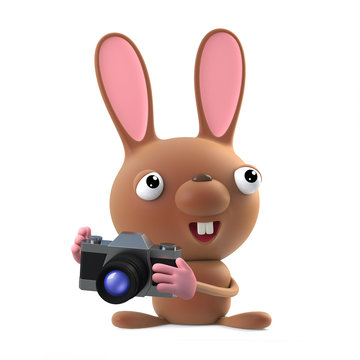 3d Cute cartoon Easter bunny rabbit takes a photo with his camera