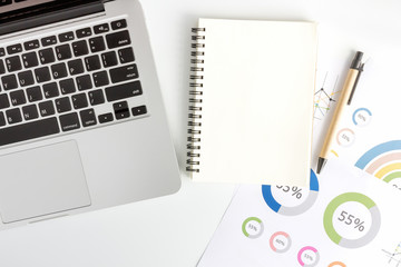 Office workspace with keyboard notepad coffee of cup and smartphone on white background.