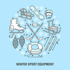 Winter sports banner, equipment rent at ski resort. Vector line icon of skates, hockey sticks, sleds, snowboard, snow tubing hire. Cold season outdoor activities template