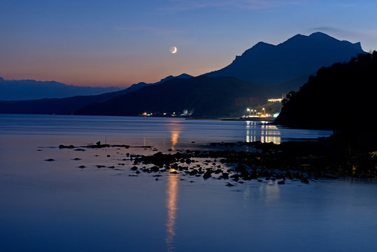 Coast of Crimea at night in moonlight.